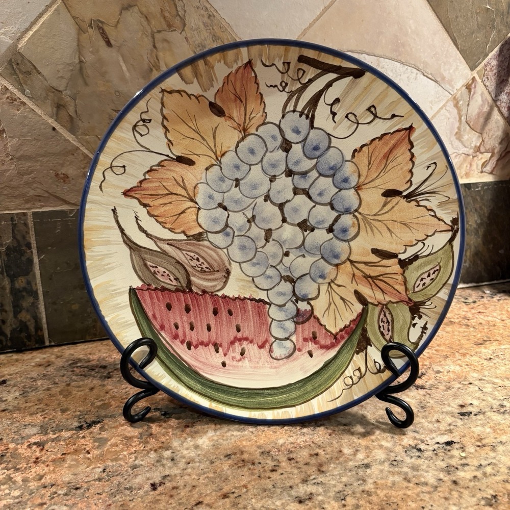 Hand Painted Italian Baja Plate Grapes Watermelon Leaves Signed Decor Platter